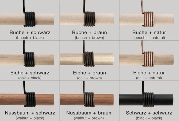 Variante1.webp Farbübersicht mit Buche, Eiche, Nussbaum und schwarzer Stange sowie verschiedenen Lederbandfarben