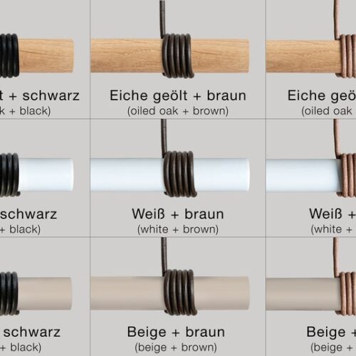 il_794xN.3896843261_4z2n.jpg Farbübersicht mit geölter Eiche, weißer und beiger Stange sowie Lederbändern in Schwarz, Braun und Natur
