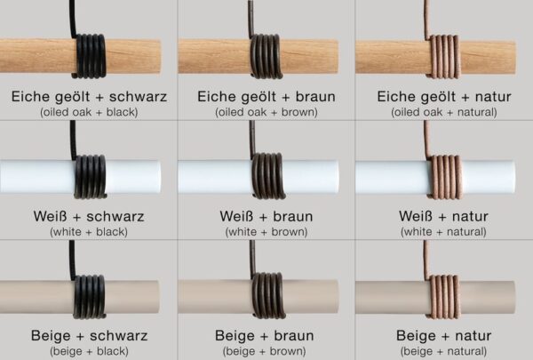 il_794xN.3896843261_4z2n.jpg Farbübersicht mit geölter Eiche, weißer und beiger Stange sowie Lederbändern in Schwarz, Braun und Natur