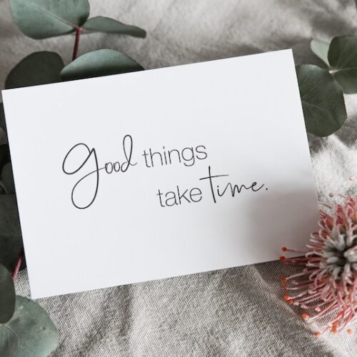 il_794xN.5062451590_k186.jpg Postkarte „Good things take time.“