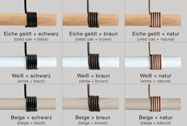 variante2.webp Farbübersicht mit geölter Eiche, weißer und beiger Stange sowie Lederbändern in Schwarz, Braun und Natur
