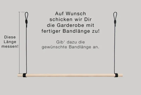 wunschlaenge.webp Maßskizze zum Ermitteln der gewünschten Abhängung: von der Deckenschlaufe bis zur Garderobenstange messen